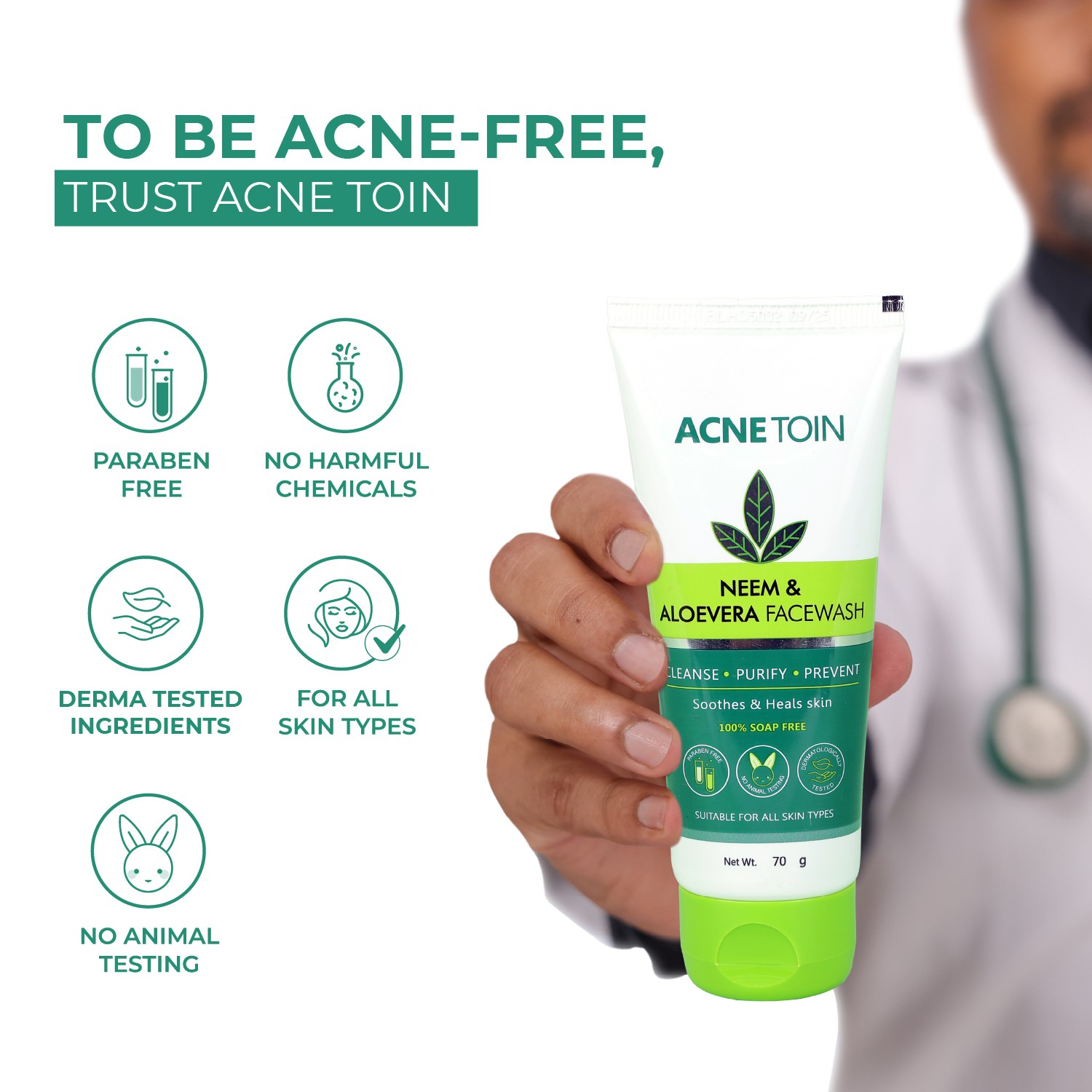 Acnetoin Neem and Aloe Vera Facewash 70gm - Image 3