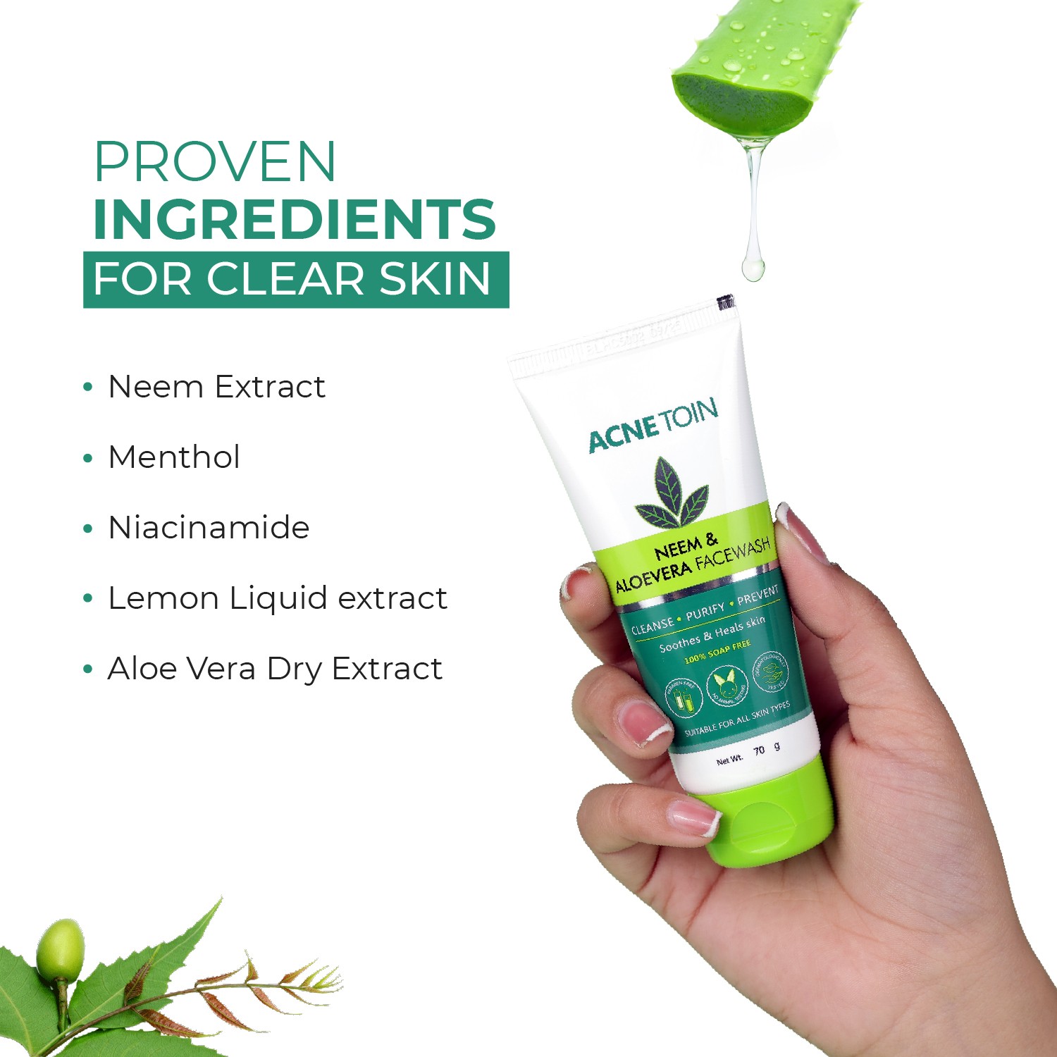 Acnetoin Neem and Aloe Vera Facewash 70gm - Image 2